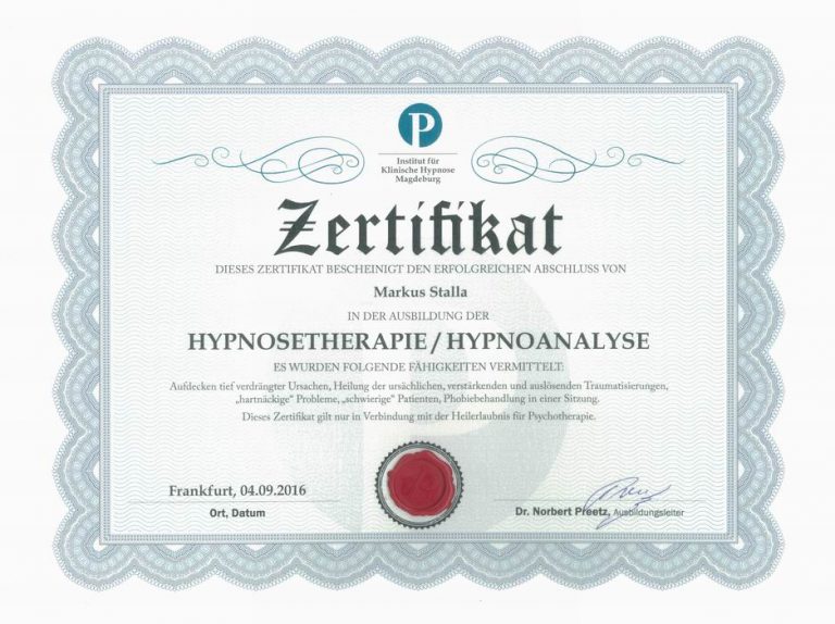 Hypnosetherapeut Zertifikat