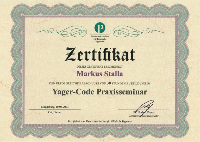 Yager Therapie Praxis Seminar Zertifikat 2023